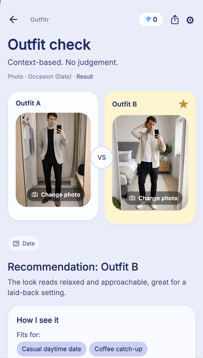 outfitsetter app: outfit comparison with recommendation on phone.