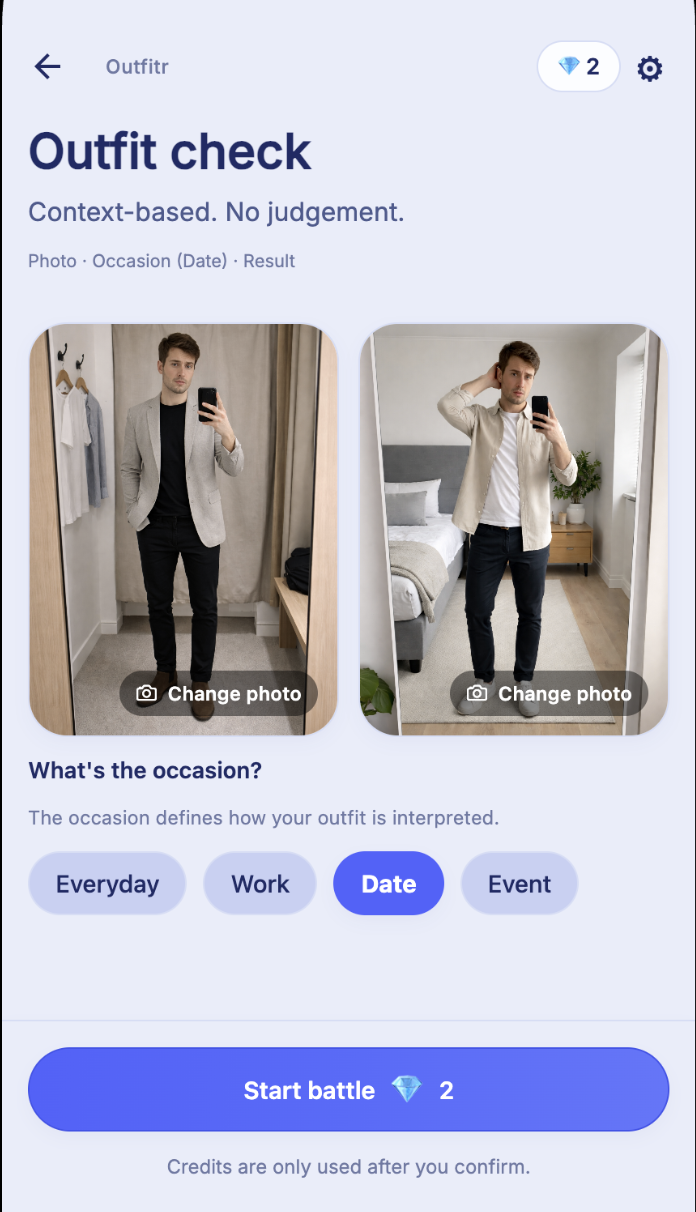 Outfit battle on phone: compare two outfits for your occasion and get a clear decision.