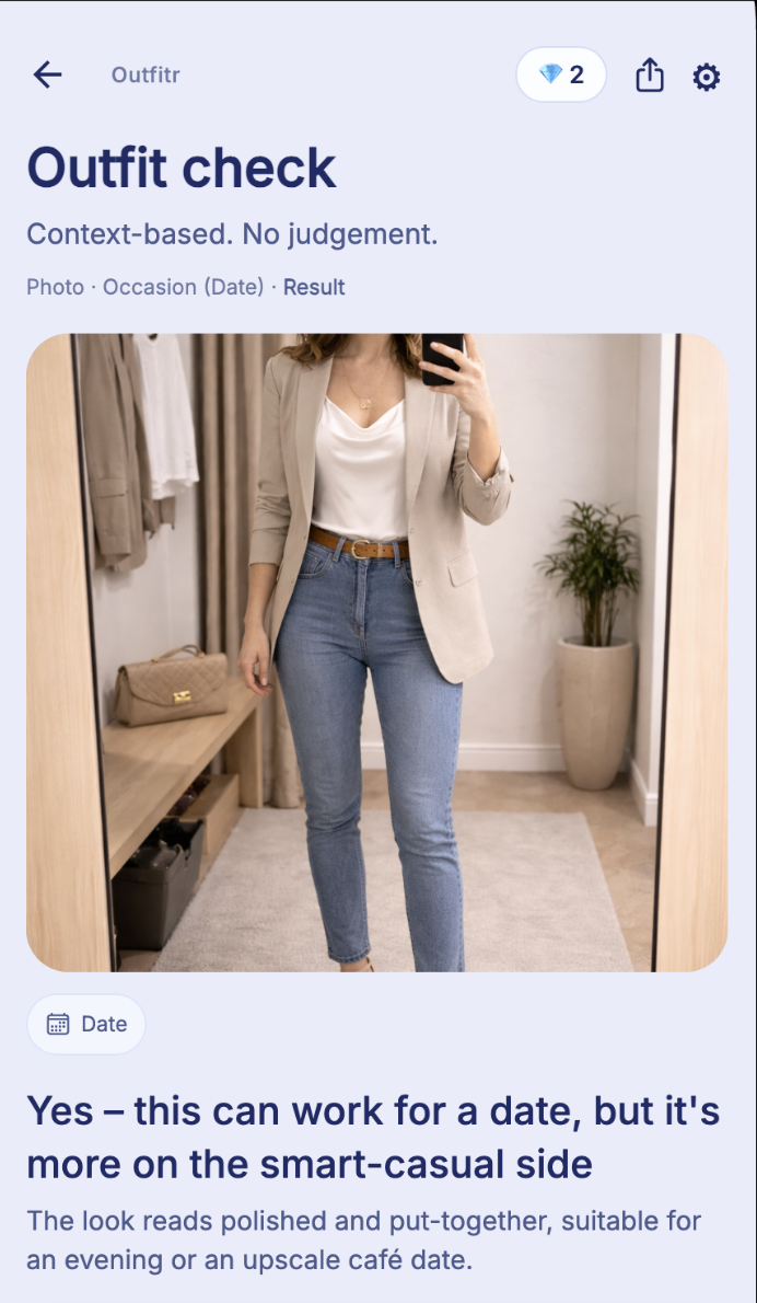 Outfit check screen: photo, optional occasion, then start analysis.